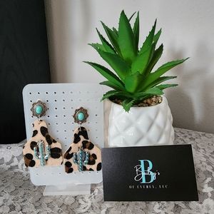 Western leopard print & turquoise cattle ear tag earrings
